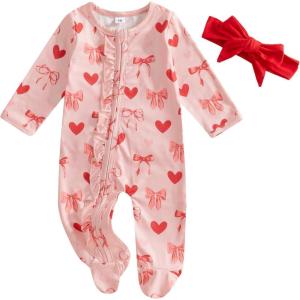 imageKuriozud First Valentines Baby Girl Outfit Newborn Heart Footed Jumpsuit Ruffle Zipper Romper Baby Coming Home OutfitValentines Heart Bownotpink
