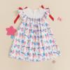 image4th of July Toddler Little Girl Outfit Smocked Dress Fourth of July Vintage Dress for Kids Cute Patriotic ClothesBow American Flag Blue