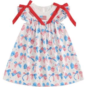 image4th of July Toddler Little Girl Outfit Smocked Dress Fourth of July Vintage Dress for Kids Cute Patriotic ClothesBow American Flag Blue