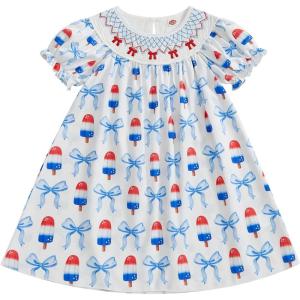 image4th of July Toddler Little Girl Outfit Smocked Dress Fourth of July Vintage Dress for Kids Cute Patriotic ClothesBow Popsicle Blue