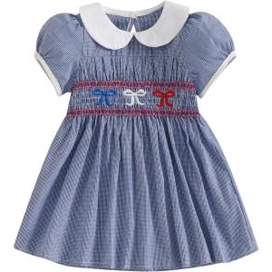 image4th of July Toddler Little Girl Outfit Smocked Dress Fourth of July Vintage Dress for Kids Cute Patriotic ClothesRed White Bule Bow Blue