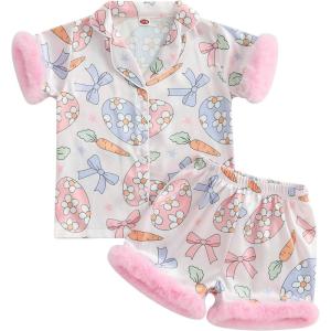 imageKuriozud Toddler Girl Summer Silk Satin Pajama Set Baby Western Summer Pjs Girl Feather Trim Sleeve Nightgown PjsEasterpink