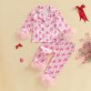 imageKuriozud ToddlerampampLittle Girl Silk Pajama Two Piece Set Feather Trim Button Tops Stain Pants Birthday Fall Winter SleepwearPink Bow