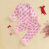 imageKuriozud ToddlerampampLittle Girl Silk Pajama Two Piece Set Feather Trim Button Tops Stain Pants Birthday Fall Winter SleepwearPink Bow