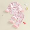 imageKuriozud ToddlerampampLittle Girl Silk Pajama Two Piece Set Feather Trim Button Tops Stain Pants Birthday Fall Winter SleepwearPink Bowlobster