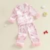 imageKuriozud ToddlerampampLittle Girl Silk Pajama Two Piece Set Feather Trim Button Tops Stain Pants Birthday Fall Winter SleepwearPink Bowlobster