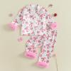 imageKuriozud ToddlerampampLittle Girl Silk Pajama Two Piece Set Feather Trim Button Tops Stain Pants Birthday Fall Winter SleepwearPink Strawberry Bow