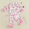 imageKuriozud ToddlerampampLittle Girl Silk Pajama Two Piece Set Feather Trim Button Tops Stain Pants Birthday Fall Winter SleepwearPink Strawberry Bow