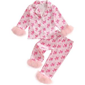 imageKuriozud ToddlerampampLittle Girl Silk Pajama Two Piece Set Feather Trim Button Tops Stain Pants Birthday Fall Winter SleepwearPink Bow