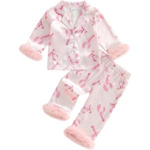 imageKuriozud ToddlerampampLittle Girl Silk Pajama Two Piece Set Feather Trim Button Tops Stain Pants Birthday Fall Winter SleepwearPink Bowlobster