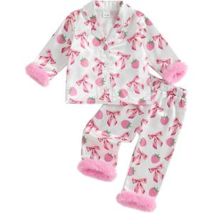 imageKuriozud ToddlerampampLittle Girl Silk Pajama Two Piece Set Feather Trim Button Tops Stain Pants Birthday Fall Winter SleepwearPink Strawberry Bow
