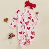 imageKuriozud First Valentines Baby Girl Outfit Newborn Heart Footed Jumpsuit Ruffle Zipper Romper Baby Coming Home OutfitValentines Heart Bowred
