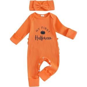 imageKuriozud 4th of July Outfits Baby Girl Footie Onesie Romper Newborn Preemie Girl Ruffle Pajamas Pjs Infant Girl Fall ClothesHalloween Orange