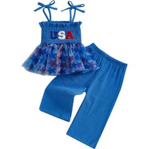 imageKuriozud 4th of July Outfit Baby Girl Smocked Tank TopWide Leg Pants Set Kids Toddler Girl Fourth of July Clothes4th July Usa Tutu Blue