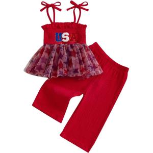 imageKuriozud 4th of July Outfit Baby Girl Smocked Tank TopWide Leg Pants Set Kids Toddler Girl Fourth of July Clothes4th July Usa Tutu Red