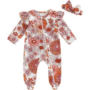 imageKuriozud Newborn Baby Girl Boy Footie Romper One Piece Jumpsuit Sleeper Infant ClothesFlower Footie Red