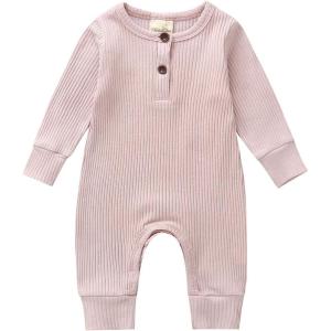imageKuriozud Newborn Infant Unisex Baby Boy Girl Clothes Button Romper Jumpsuit Basic One Piece OutfitsLong Sleeve One Piece Pink