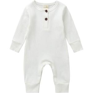 imageKuriozud Newborn Infant Unisex Baby Boy Girl Clothes Button Romper Jumpsuit Basic One Piece OutfitsLong Sleeve One Piece White
