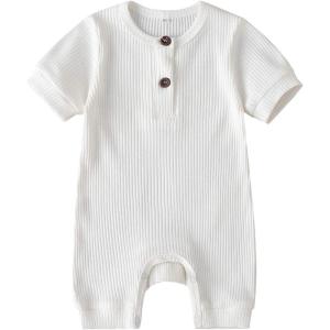 imageKuriozud Newborn Infant Unisex Baby Boy Girl Clothes Button Romper Jumpsuit Basic One Piece OutfitsShort Sleeve Romper White