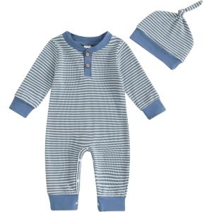 imageKuriozud Newborn Infant Unisex Baby Boy Girl Clothes Button Romper Jumpsuit Basic One Piece OutfitsStriped Long Sleeve With Hat Blue