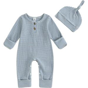 imageKuriozud Newborn Infant Unisex Baby Boy Girl Clothes Button Romper Jumpsuit Basic One Piece OutfitsStriped Long Sleeve With Mittens Blue