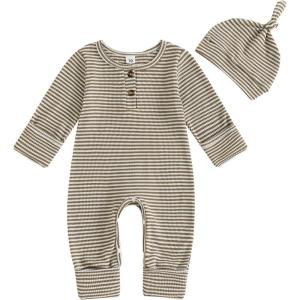 imageKuriozud Newborn Infant Unisex Baby Boy Girl Clothes Button Romper Jumpsuit Basic One Piece OutfitsStriped Long Sleeve With Mittens Khaki