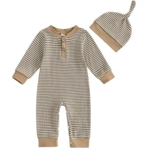 imageKuriozud Newborn Infant Unisex Baby Boy Girl Clothes Button Romper Jumpsuit Basic One Piece OutfitsStriped Striped Long Sleeve With Hat Khaki