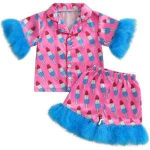 imageKuriozud Toddler Girl Pajamas 4th Of July Baby Silk Satin Nightgown Girls Fourth Of July Pjs Button Down 2Pcs Pajamas SetIce Cream Red