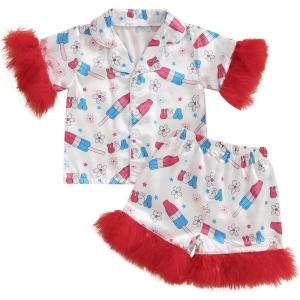 imageKuriozud Toddler Girl Pajamas 4th Of July Baby Silk Satin Nightgown Girls Fourth Of July Pjs Button Down 2Pcs Pajamas SetIce Cream White