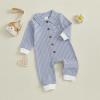 imageKuriozud Newborn Baby Boy Clothes Long Sleeve Collared Romper Botton Jumpsuit Waffle Fall Winter One Piece OutfitStriped Blue