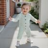 imageKuriozud Newborn Baby Boy Clothes Long Sleeve Collared Romper Botton Jumpsuit Waffle Fall Winter One Piece OutfitStriped Green