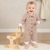 imageKuriozud Newborn Baby Boy Clothes Long Sleeve Collared Romper Botton Jumpsuit Waffle Fall Winter One Piece OutfitStriped Khaki