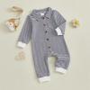 imageKuriozud Newborn Baby Boy Clothes Long Sleeve Collared Romper Botton Jumpsuit Waffle Fall Winter One Piece OutfitStriped Navy Blue