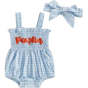 imageKuriozud 4th of July Outfits Baby Girl USA Romper Fourth of July Onesie Independence Day Bodysuit Memorial Day ClothesHalloween Sky Blue Pumpkin