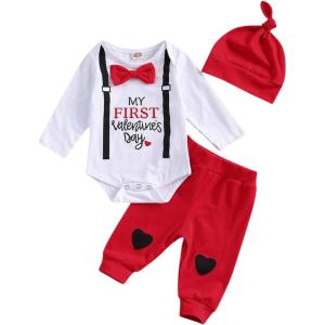imageKuriozud Baby My First Valentines Outfits Long Sleeve Romper Bodysuit Top Pants Hat 3 Piece Clothes SetA Valentines Outfits a