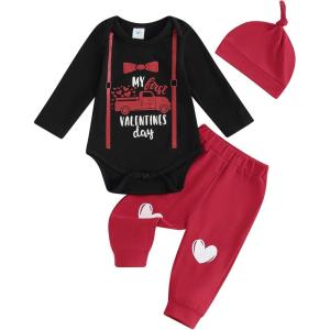 imageKuriozud Baby My First Valentines Outfits Long Sleeve Romper Bodysuit Top Pants Hat 3 Piece Clothes SetMy First Valentines Black