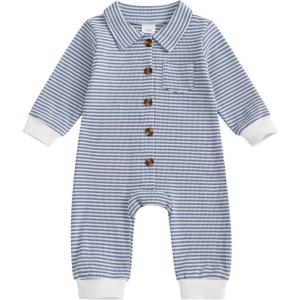 imageKuriozud Newborn Baby Boy Clothes Long Sleeve Collared Romper Botton Jumpsuit Waffle Fall Winter One Piece OutfitStriped Blue