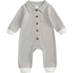 imageKuriozud Newborn Baby Boy Clothes Long Sleeve Collared Romper Botton Jumpsuit Waffle Fall Winter One Piece OutfitStriped Gray