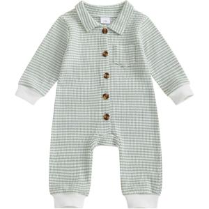 imageKuriozud Newborn Baby Boy Clothes Long Sleeve Collared Romper Botton Jumpsuit Waffle Fall Winter One Piece OutfitStriped Green