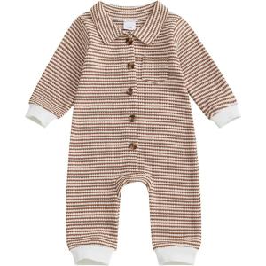 imageKuriozud Newborn Baby Boy Clothes Long Sleeve Collared Romper Botton Jumpsuit Waffle Fall Winter One Piece OutfitStriped Khaki