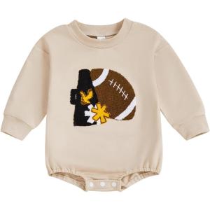 imageKuriozud Newborn Baby Boy Girl Bubble Romper Funny Letter Long Sleeve Oversized Sweater Tops Fall Winter ClothesFootball Eagle Beige