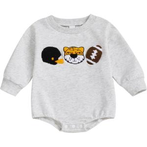 imageKuriozud Newborn Baby Boy Girl Bubble Romper Funny Letter Long Sleeve Oversized Sweater Tops Fall Winter ClothesFootball Tiger Grey
