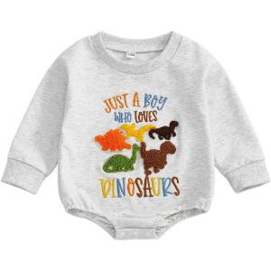 imageKuriozud Newborn Baby Boy Girl Bubble Romper Funny Letter Long Sleeve Oversized Sweater Tops Fall Winter ClothesJust a Boy Who Loves Dinosaurs Grey