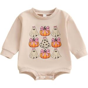 imageKuriozud Newborn Baby Boy Girl Bubble Romper Funny Letter Long Sleeve Oversized Sweater Tops Fall Winter ClothesPumpkin Ghost Bow Khaki