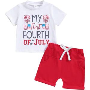 imageKuriozud Toddler Boy 4th Of July Outfit Baby Boy American Flag Print T Shirts Tops Shorts Set Fourth of July Summer ClothesFirst 4th of July White