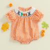 imageKuriozud Newborn Baby Girl Halloween Outfit Smocked Bubble Romper Short Sleeve Jumpsuit Cute Infant Girl Fall ClothesPlaid Boo Orange