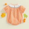 imageKuriozud Newborn Baby Girl Halloween Outfit Smocked Bubble Romper Short Sleeve Jumpsuit Cute Infant Girl Fall ClothesPlaid Boo Orange