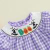 imageKuriozud Newborn Baby Girl Halloween Outfit Smocked Bubble Romper Short Sleeve Jumpsuit Cute Infant Girl Fall ClothesPlaid Boo Purple
