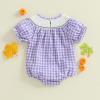 imageKuriozud Newborn Baby Girl Halloween Outfit Smocked Bubble Romper Short Sleeve Jumpsuit Cute Infant Girl Fall ClothesPlaid Boo Purple