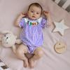 imageKuriozud Newborn Baby Girl Halloween Outfit Smocked Bubble Romper Short Sleeve Jumpsuit Cute Infant Girl Fall ClothesPlaid Boo Purple